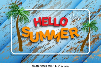 hello summer illustration, summer holiday vector illustration background with blue wooden texture and coconut tree