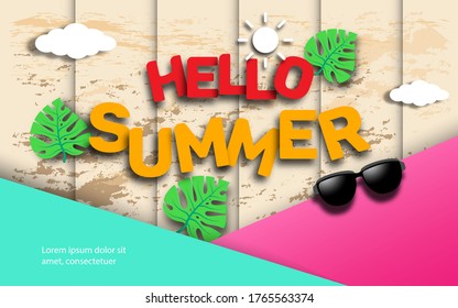 ilustración de verano, fondo de ilustración vectorial de vacaciones de verano con textura de madera marrón
