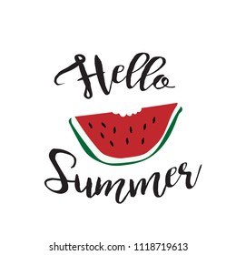 HELLO SUMMER ILLUSTRATION LETTERING. ISOLTED FRUIT DESIGN. MELON ON WHITE BACKGROUND