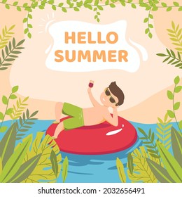 Hello summer illustration man drink on red ring