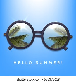 Hello summer illustration. Palms reflection in round sunglasses. Blue sky background.Flecks of sunlight. Vector eps 10.