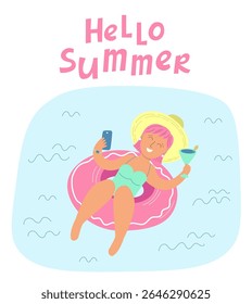 Hello Summer illustration with payful summer design of woman on pink pool float with hat and shades. 
Perfect for summer sales, travel ads, and seasonal decor.