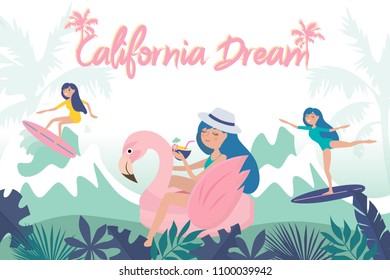 Hello summer illustration. Summer poster with relaxing girl on the beach. Editable vector illustration