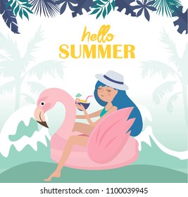 Hello summer illustration. Summer poster with relaxing girl on the beach. Editable vector illustration