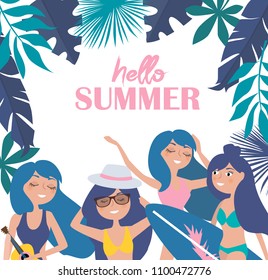 Hello summer illustration. Summer poster with relaxing girl on the beach. Editable vector illustration