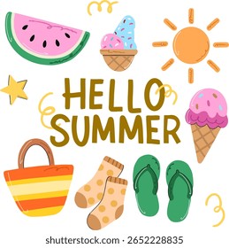 Hola conjunto de ilustración de verano - lindo helado dibujado a mano, sol, sandía y Elementos de playa
