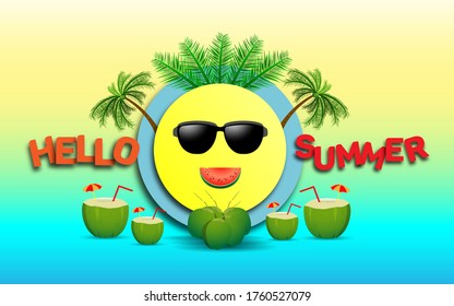 hello summer illustration with hello summer text decoration in paper art and coconut trees, palm leaves, sun glasses. summer element template.  vector illustration 