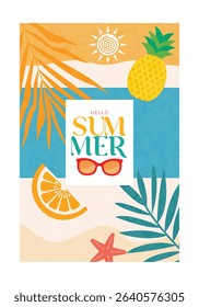 Hello Summer Illustration with Tropical Fruits and Palm Leaves
