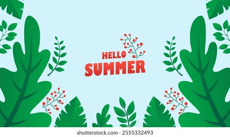 Hello Summer Illustration with Tropical Leaves. Design Template for Banner, Flyer, Invitation, Brochure, Poster or Greeting