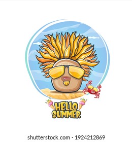 Hello summer illustration with vector funny cartoon cute brown smiling tiny potato with sunglasses and friend red crab relaxing on summer beach background. Vacation Travel to paradise creative concept