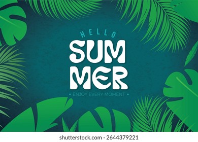 Hello summer illustration vector with tropical palm leaves, a vibrant trendy summer background with bright, abstract tropical leaves for posters, headers, covers, social media, fashion and print......