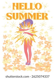 Hello Summer Illustration – Woman Embracing the Sunlight, Bright Floral Background, Seasonal Energy and Joy, Vibrant Colors and Positive Vibes