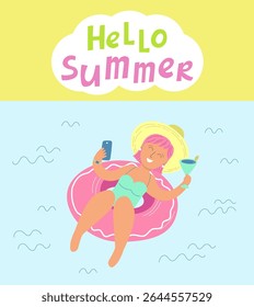 Hello Summer illustration with young woman relaxing on float.
 Great for fun summer banners, social media, and holiday ads.