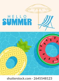 Hello summer, inflatable watermelon and pineapple floating on sea or pool water background, summer travel, vector illustration.
