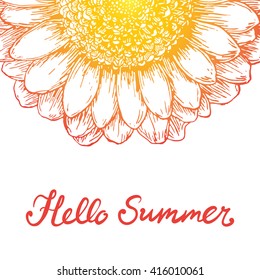 Hello Summer - ink hand drawn lettering. Modern brush calligraphy summer design. Abstract flower background