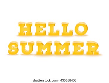 Hello summer inscription in 3d style on white background. Phrase made of summer font with sand pile text effect. Vector illustration.