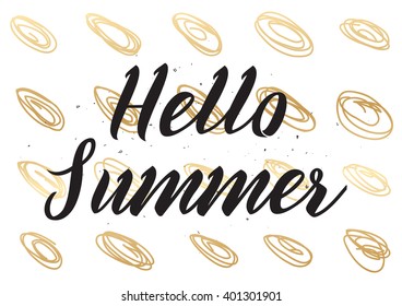 Hello summer inscription. Greeting card with calligraphy. Hand drawn lettering design. Photo overlay. Typography for banner, poster or apparel design. Vector quote.