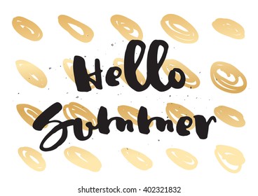 Hello summer inscription. Greeting card with calligraphy. Hand drawn lettering design. Photo overlay. Typography for banner, poster or apparel design. Vector quote.