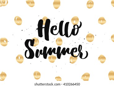 Hello summer inscription. Greeting card with calligraphy. Hand drawn lettering quote design. Photo overlay. Typography for banner, poster or clothing design. Vector invitation.