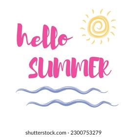 Hello summer! The inscription on a white background with the sun and the sea. Vector greeting card hello summer.