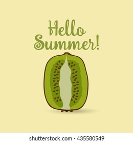 Hello Summer Inscription over kiwi. Vector green kiwi fruit on light background. Vitamin time. Simple color kiwi vector illustration. Schematic hello summer picture.