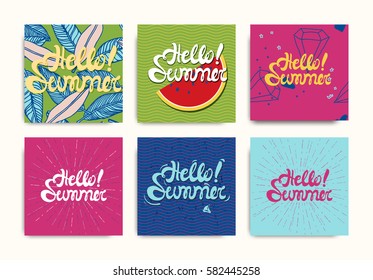 Hello Summer inscription posters, sticker set. Bright colorful trendy fashion background. Vector illustration with leaves, sunshine, fruit in pink, blue, yellow, green color