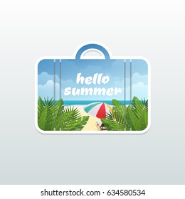 Hello summer inscription in travel suitcase banner with palm leaves on the sea cost. Vector illustration. Calligraphic letters. Wallpaper, background, picture, art, image, travel, poster, event