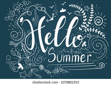 Hello summer. Inspirational quote. Hand drawn illustration with hand lettering on chalkboard. Vector illustration. Perfect for greeting card, postcard, print, banner.