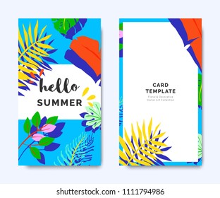 Hello summer invitation card template design, tropical plants on blue background, colorful vibrant tones