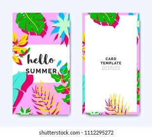 Hello summer invitation card template design, tropical plants on pink background, colorful vibrant tones