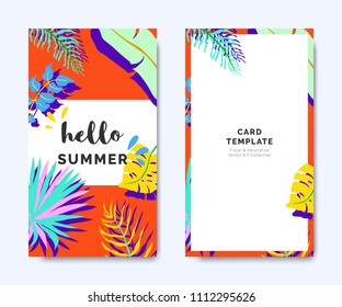 Hello summer invitation card template design, tropical plants on red background, colorful vibrant tones