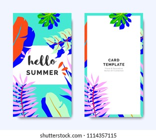 Hello summer invitation card template design, tropical plants on cyan background, colorful vibrant tones