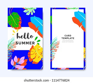 Hello summer invitation card template design, tropical plants on blue background, colorful vibrant tones