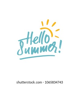 Hello summer- isolated vector handdrawn lettering with sun clip-art in simple rough style. Design for t-shirts, prints, postcards, flayers, banners, posters.
