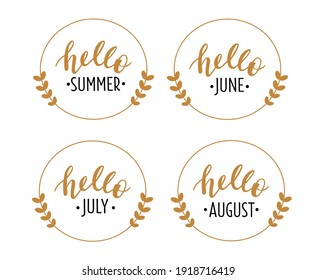 Hello Summer, June, July, August hand drawn lettering logo icon set. Vector phrases elements for cards, banners, posters, mug, scrapbooking, pillow case, phone cases and clothes design. 