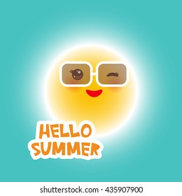 Hello Summer Kawaii funny yellow sun with sunglasses pink cheeks and eyes on blue sky background. Hot summer day. Bright sun and blue sky without clouds. Vector