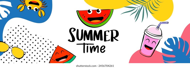 Hello summer kid poster design with fun cartoon characters.