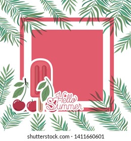 hello summer label with cherry ice cream