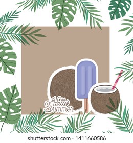 hello summer label with coconut icon