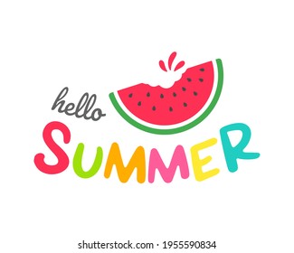 Hello summer label Decorated with ice cream Slippers and watermelon Isolated on white background.