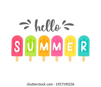 Hello summer label Decorated with ice cream Slippers and watermelon Isolated on white background.