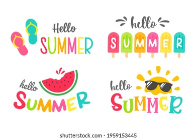 Hello summer label Decorated with ice cream Slippers and watermelon Isolated on white background.