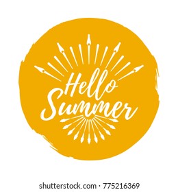Hello Summer label. Font with Brush. Summer and Beach badges. Vector illustration icon with Sunburst.
