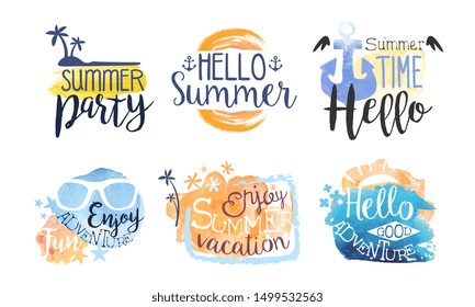 Juegos de etiquetas de verano de Adiós, disfrute de aventuras, distintivos de verano acuarela y vectores dibujados a mano