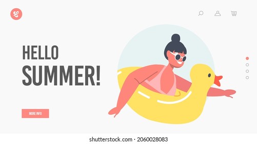 Hello Summer Landing Page Template. Little Girl Character in Swimwear Playing on Sea, Swim on Inflatable Ring. Kids Fun on Vacation. Child Enjoying Outdoor Relax. Cartoon People Vector Illustration