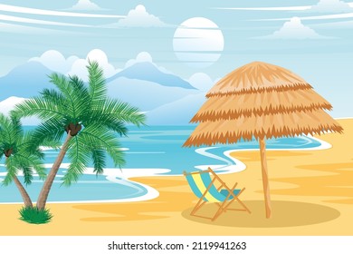 Hola verano. Fondo del paisaje de verano. Fondo de playa con ilustración vectorial de salida del sol