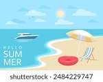 Hello summer, landscape background, sea and beach panorama. Vector illustration in flat style.