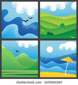 Hello summer landscape collection. Sea, beach, mountains and fields