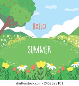 Hello summer. Summer landscape with meadow, flowers and cherries. Summer day. Vector.