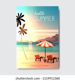 hello summer landscape palm tree beach umbrella badge design label. season holidays lettering for logo, templates, invitation, greeting card, prints and posters. vector illustration